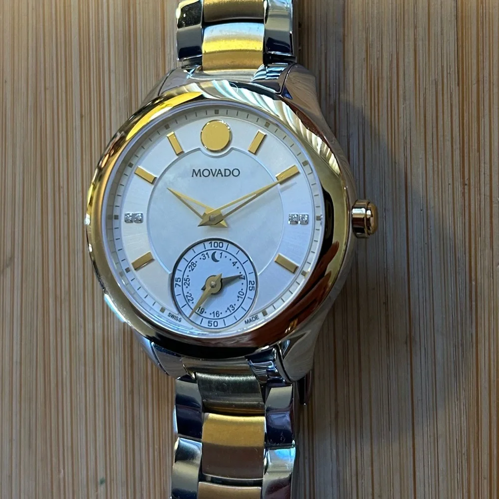 Movado Ballina Watch With 39mm White Pearl Face & 2 Tone Bracelet